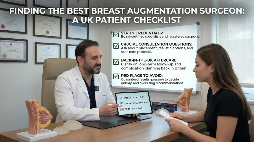 Breast Enlargement consultation showing a surgeon discussing a UK patient checklist for choosing the right breast augmentation specialist and aftercare plan.