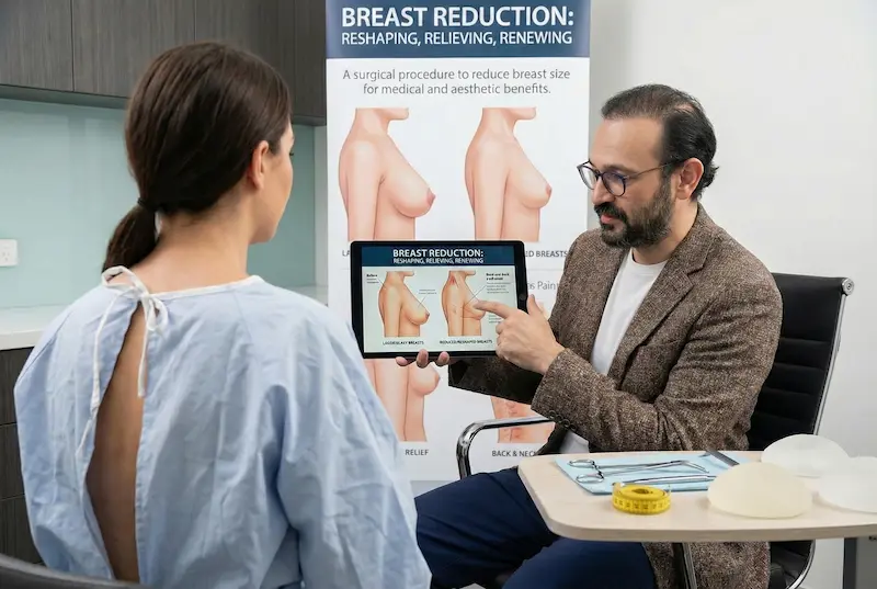 Best Breast Reduction Surgeon consultation showing a surgeon explaining breast reduction planning and expected outcomes using a visual guide.