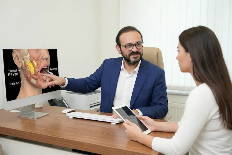 Best Buccal Fat Removal Surgeon consultation showing facial anatomy review and intraoral incision planning on a 3D diagram