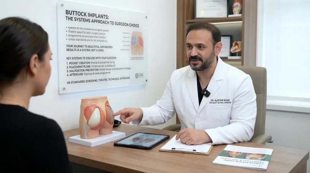 Butt Implants consultation with a specialist surgeon explaining implant placement using an anatomical model and personalised planning
