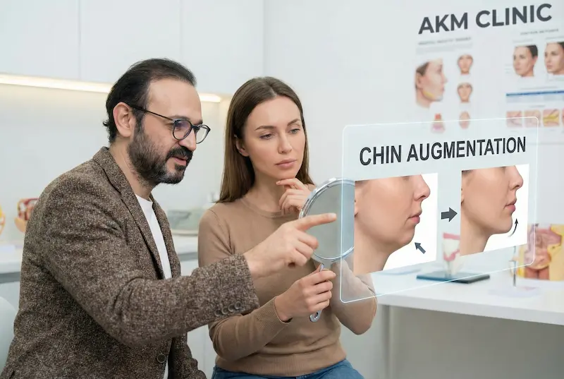 Chin Augmentation consultation with surgeon reviewing chin implant plan and profile goals during patient assessment.