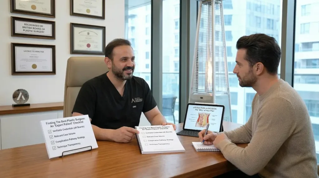Best Daddy Makeover surgeon consultation showing a personalised plan discussion and safety checklist in clinic.