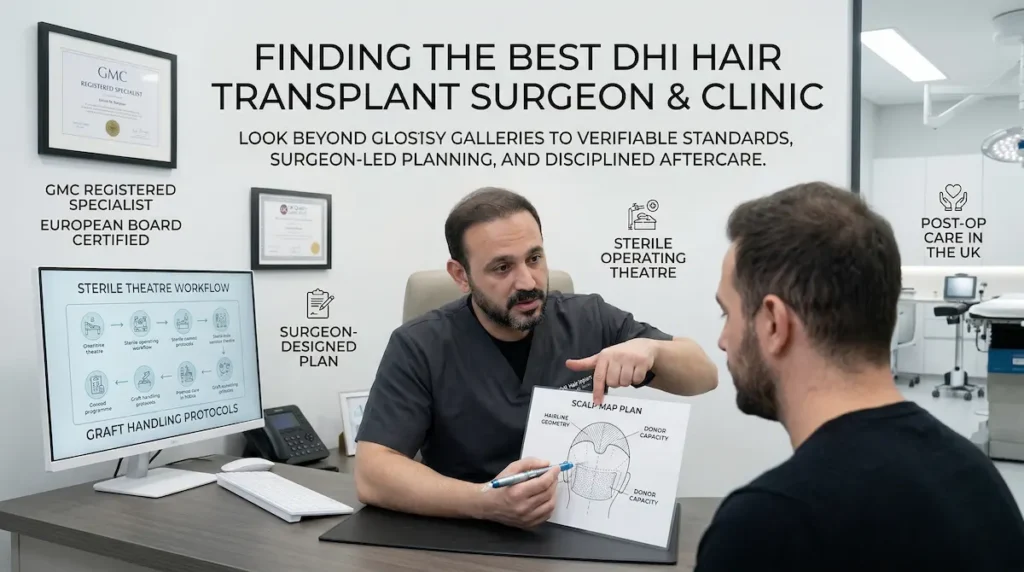 DHI Hair Transplant surgeon consultation showing surgeon led planning, donor assessment, and hairline design in clinic.