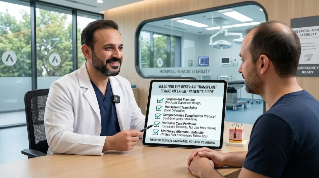 Best DHI hair transplant surgeon consultation showing a specialist reviewing surgeon-led planning, safety protocols, and aftercare continuity with a patient.