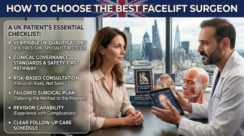 Best facelift surgeon infographic showing a UK patient checklist: verifiable qualifications, safety-first pathway, tailored plan, revision capability and follow-up care.
