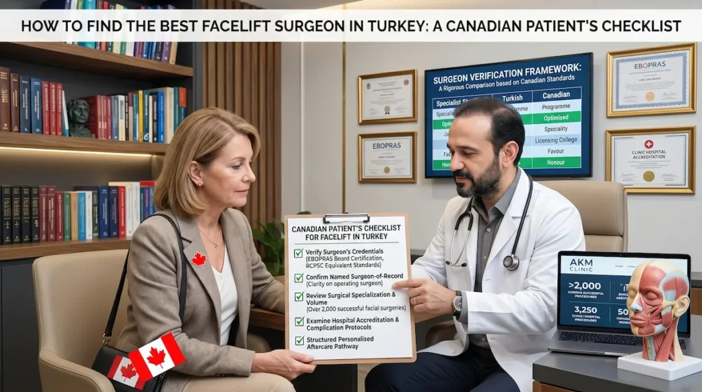 Best Facelift Surgeon in Turkey checklist showing credentials, surgeon-of-record clarity, hospital accreditation, and aftercare for Canadians.