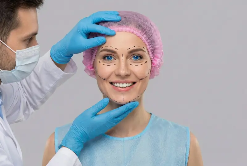 Smiling woman with facelift markings on her face during consultation with a masked plastic surgeon, illustrating results from the best facelift surgeon in Turkey.
