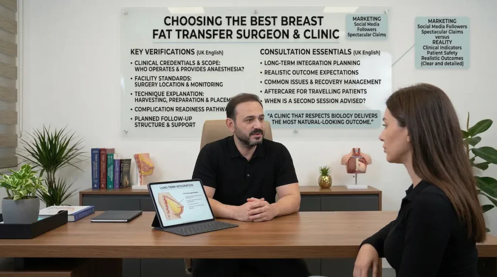 Best Fat Transfer Breast Augmentation surgeon consultation discussing fat survival planning and safe breast fat grafting