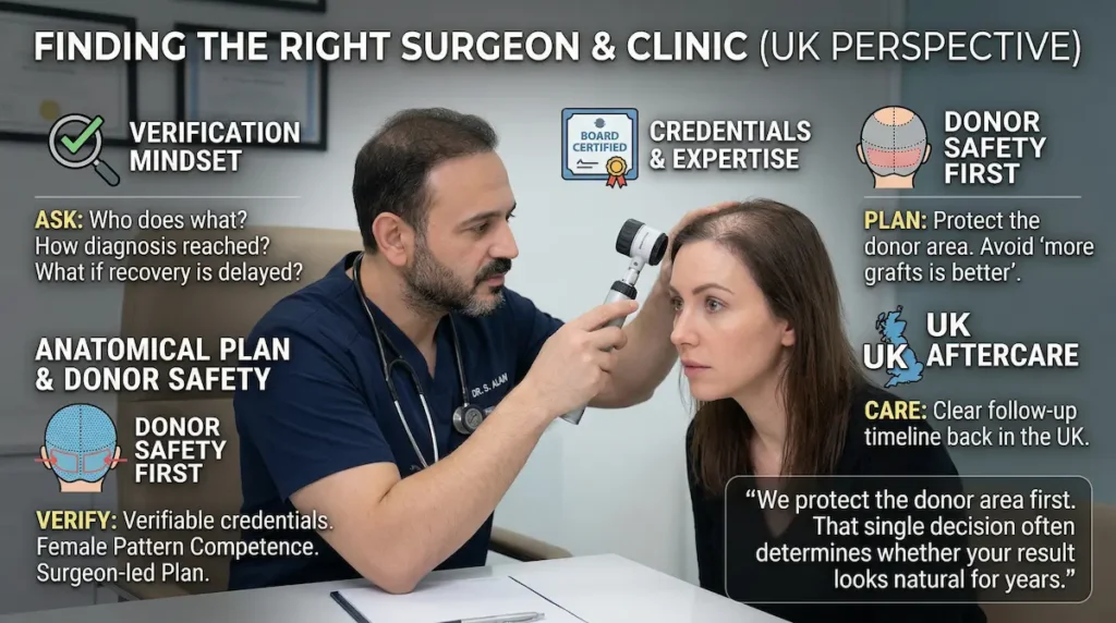 Hair Transplant For Women consultation showing a surgeon assessing female hair loss and donor area safety during clinic evaluation.