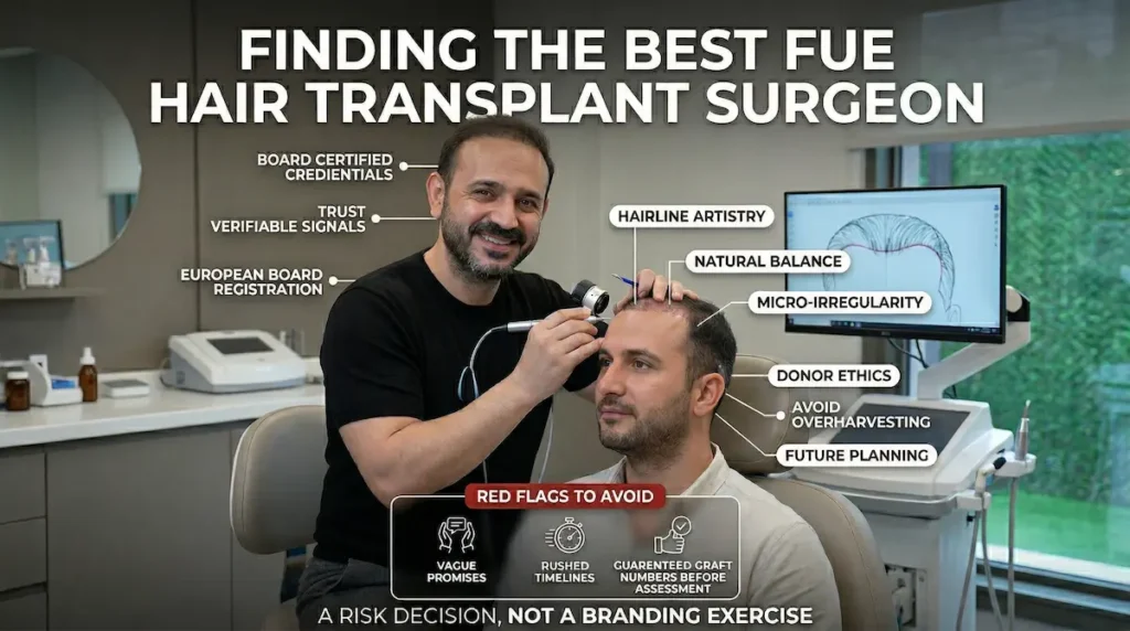 FUE Hair Transplant surgeon consultation image highlighting hairline planning, donor ethics, and key factors for choosing a safe clinic.