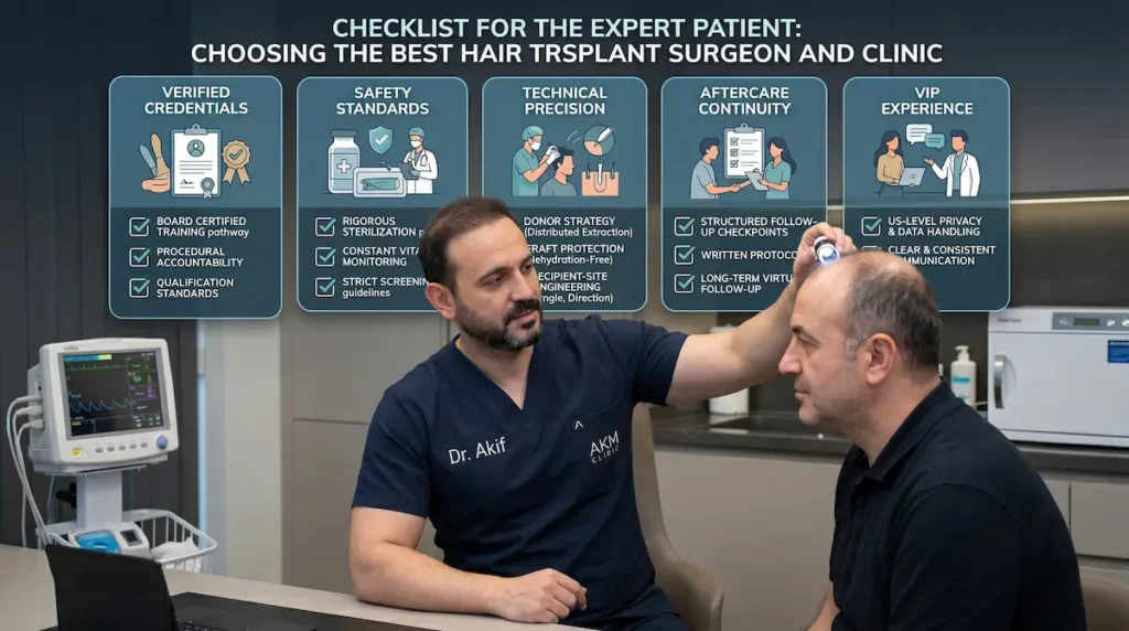Best FUE hair transplant surgeon consultation with patient, showing an expert checklist for credentials, safety, and aftercare.