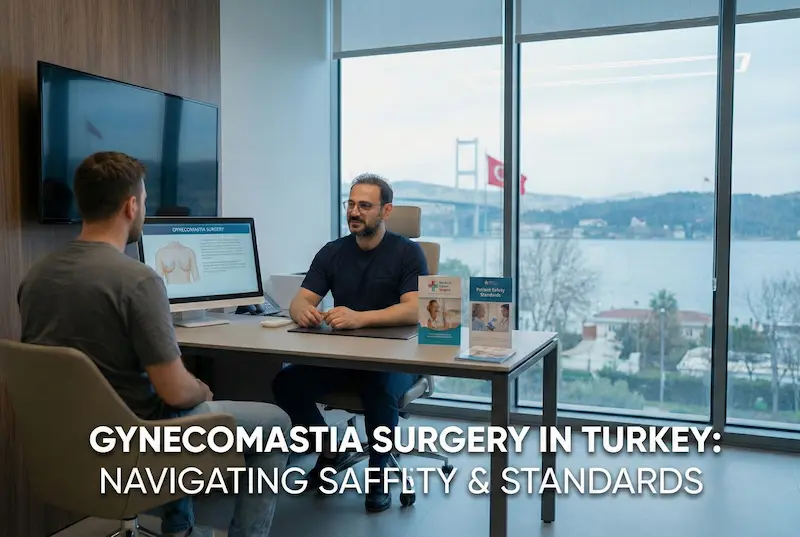 Best Gynecomastia Surgeon in Turkey consultation discussing safety standards and gynecomastia surgery planning with a patient.