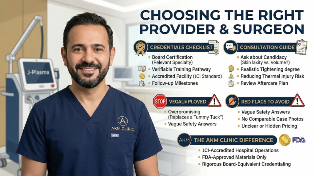 Best J Plasma Renuvion surgeon infographic showing provider credentials, consultation checklist, and red flags to avoid
