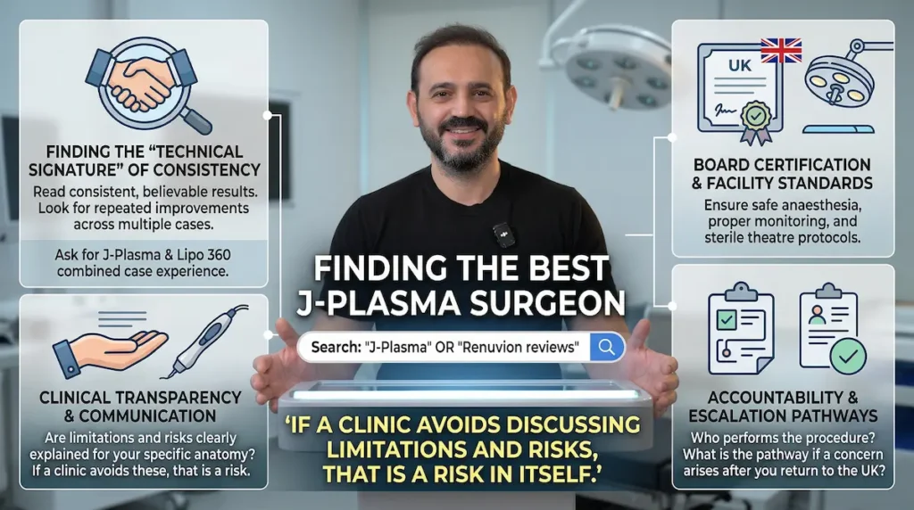 Surgeon guidance graphic for J Plasma Skin Tightening Renuvion, highlighting credentials, safety standards, and accountability.