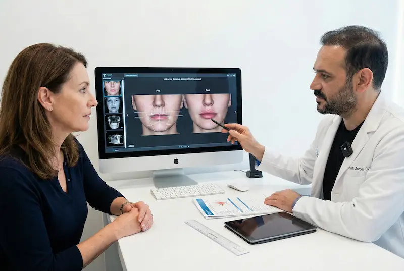 Best Lip Lift Surgeon consultation showing Lip Lift planning on a facial imaging screen for a UK patient.