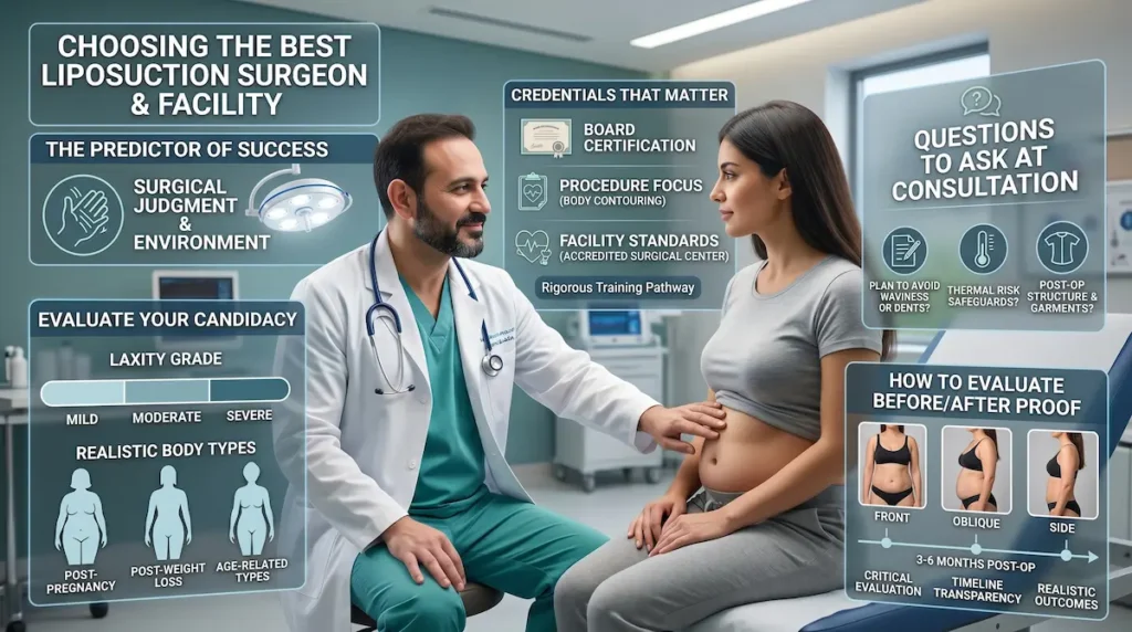 Best liposuction surgeon consultation infographic highlighting credentials, facility standards, and safety questions for liposuction with skin tightening.