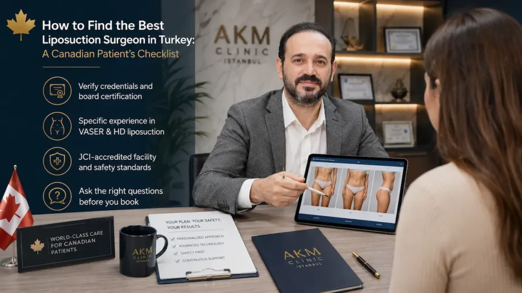 Best liposuction surgeon in Turkey consultation showing credential verification, VASER and HD liposuction experience, and safety standards for Canadian patients.