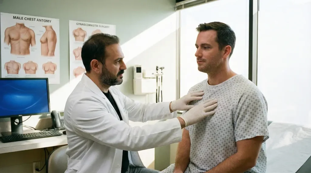 Doctor assessing a male chest during a gynaecomastia surgery consultation to plan male breast reduction and confirm gland vs fat.