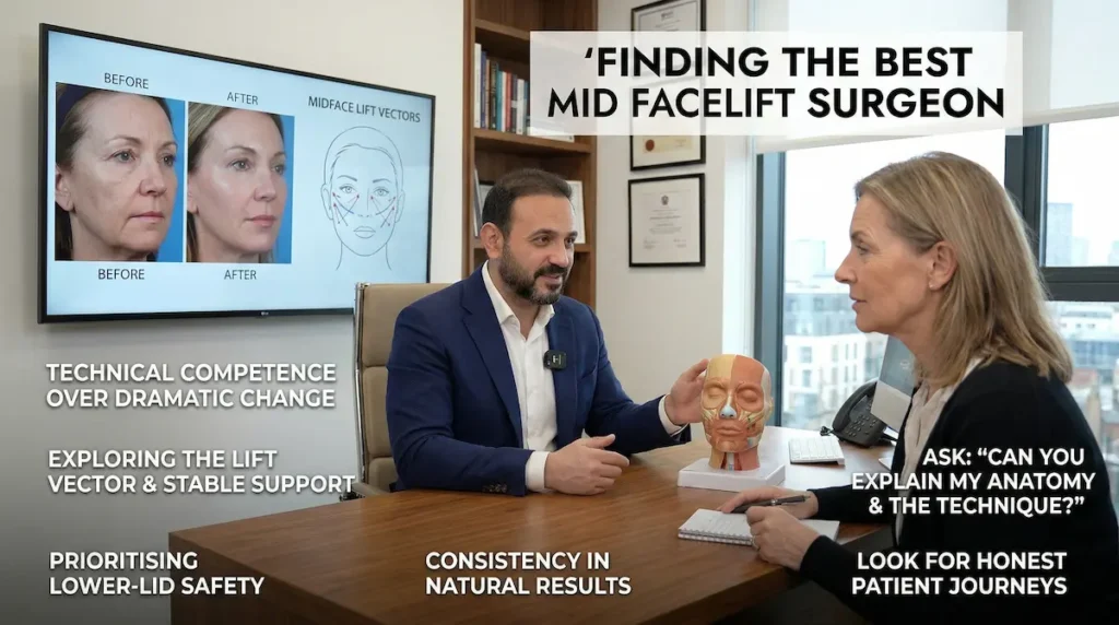 Mid Face Lift consultation with a surgeon in Turkey, reviewing before-and-after photos and midface lift vectors to plan a natural, anatomy-led result.