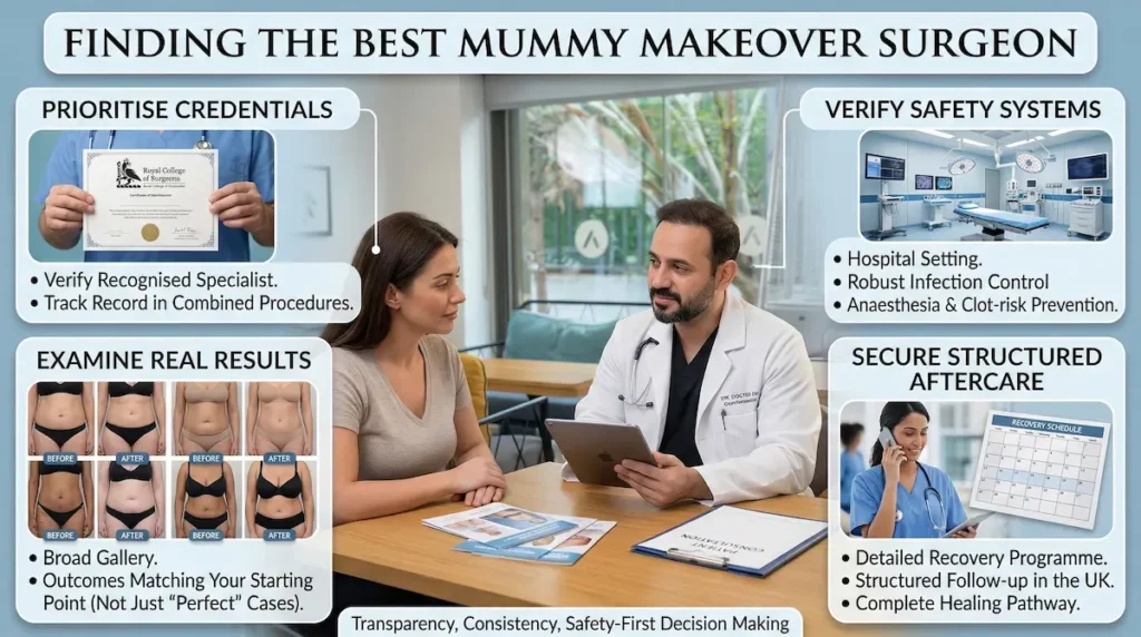 Best Mummy Makeover surgeon consultation infographic showing credentials, safety systems, real results, and structured aftercare planning.