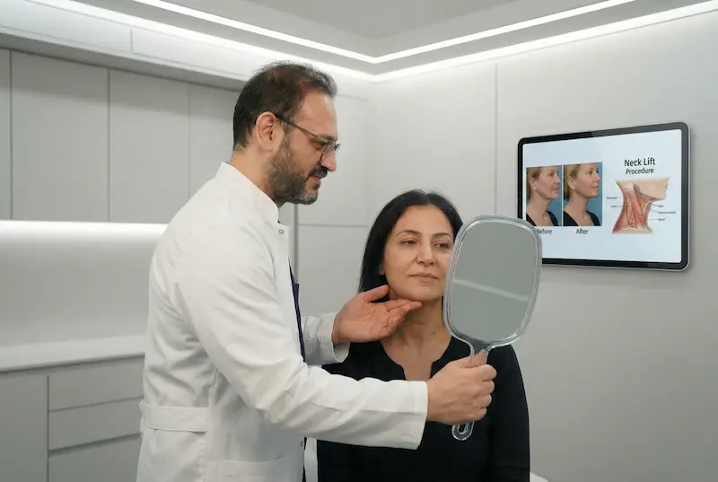 Neck Lift consultation with surgeon assessing the jawline and neck contour using a mirror and treatment plan visuals