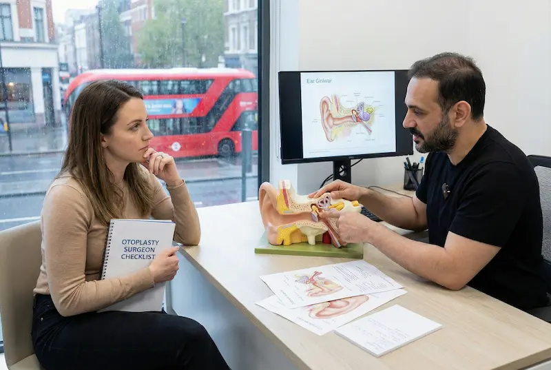 Best otoplasty surgeon consultation with a patient reviewing ear anatomy model, treatment plan and otoplasty checklist.