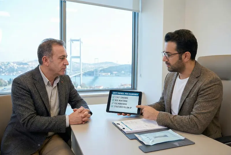 Best Penis Enlargement Surgeon consult: doctor reviews safety protocol on tablet during a private clinic consultation