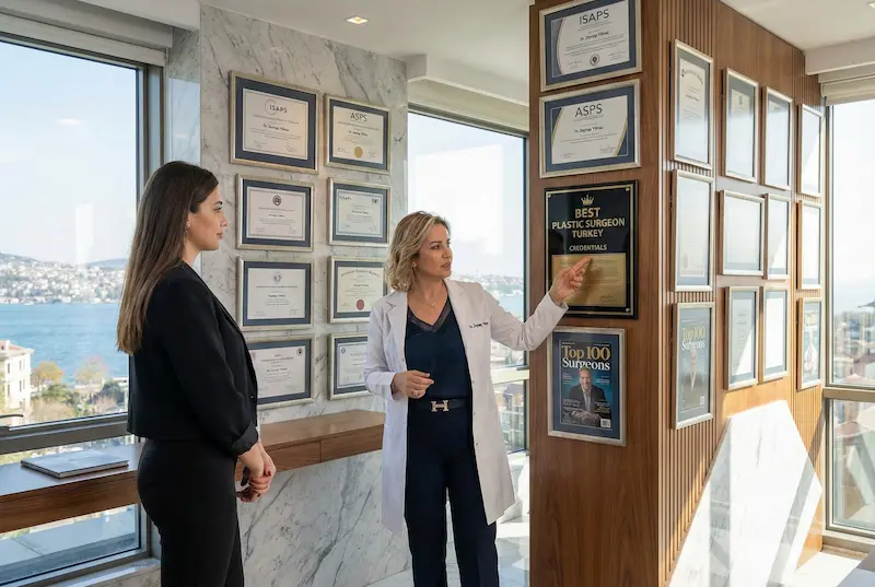 Best Plastic Surgeon Turkey Credentials — surgeon reviewing a wall of framed certificates and professional memberships with a patient during a clinic consultation in Istanbul.