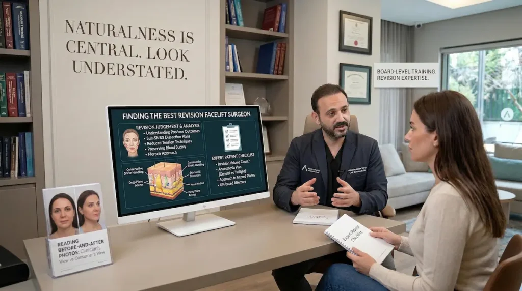 Best Revision Facelift surgeon consultation showing expert assessment, revision planning, and an informed patient checklist in clinic.