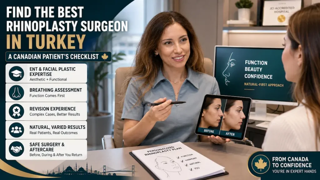 Best rhinoplasty surgeon in Turkey checklist for Canadian patients, showing ENT and facial plastic expertise, breathing assessment, revision experience, natural results, safe surgery, and aftercare.