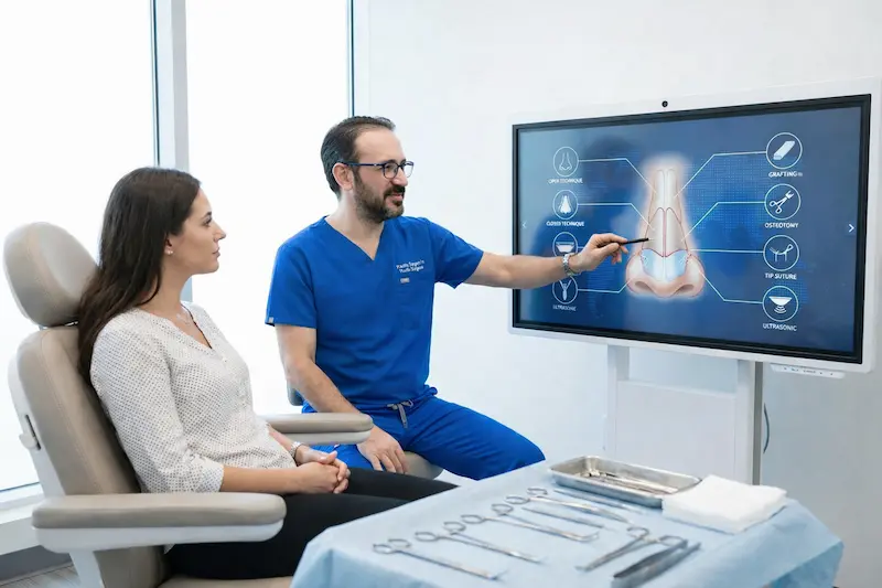 Best rhinoplasty surgery doctor explaining open/closed approach, grafting, osteotomy, and ultrasonic planning on screen.