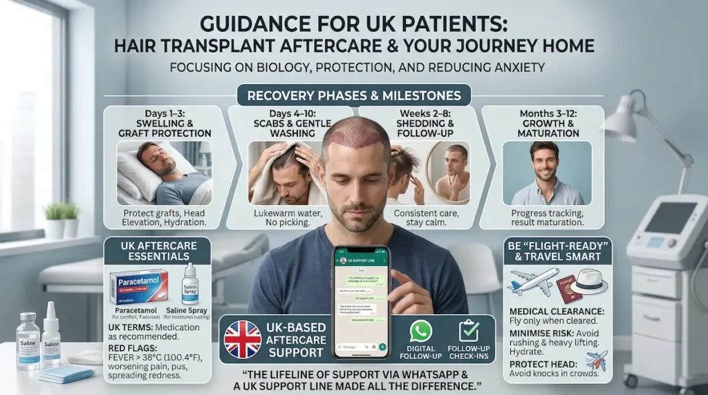 Sapphire Hair Transplant aftercare infographic for UK patients showing recovery phases, gentle washing, follow-up support, and flying home guidance.