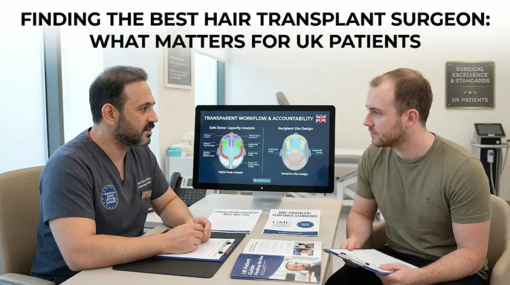 Sapphire Hair Transplant surgeon consultation with a UK patient, showing treatment planning, donor assessment, and transparent clinical workflow.