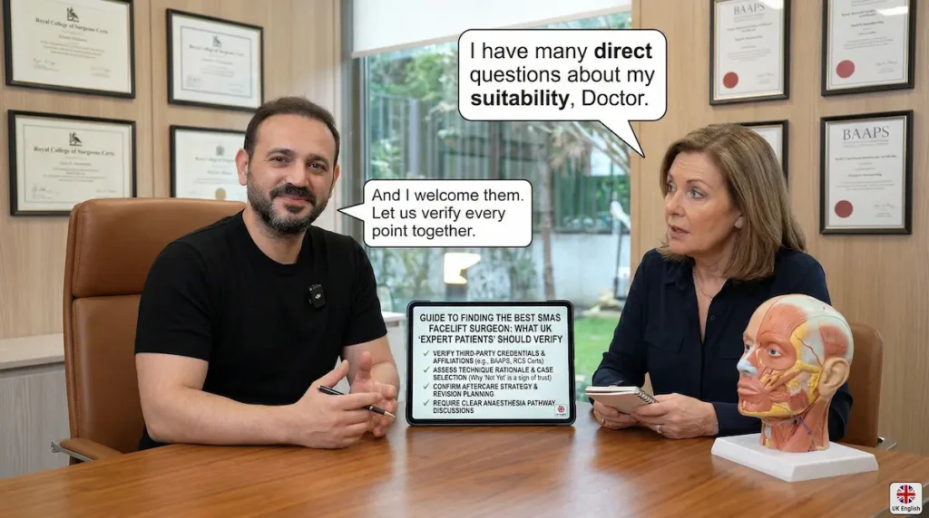 SMAS Facelift consultation showing surgeon and patient discussing suitability, credentials, and aftercare planning