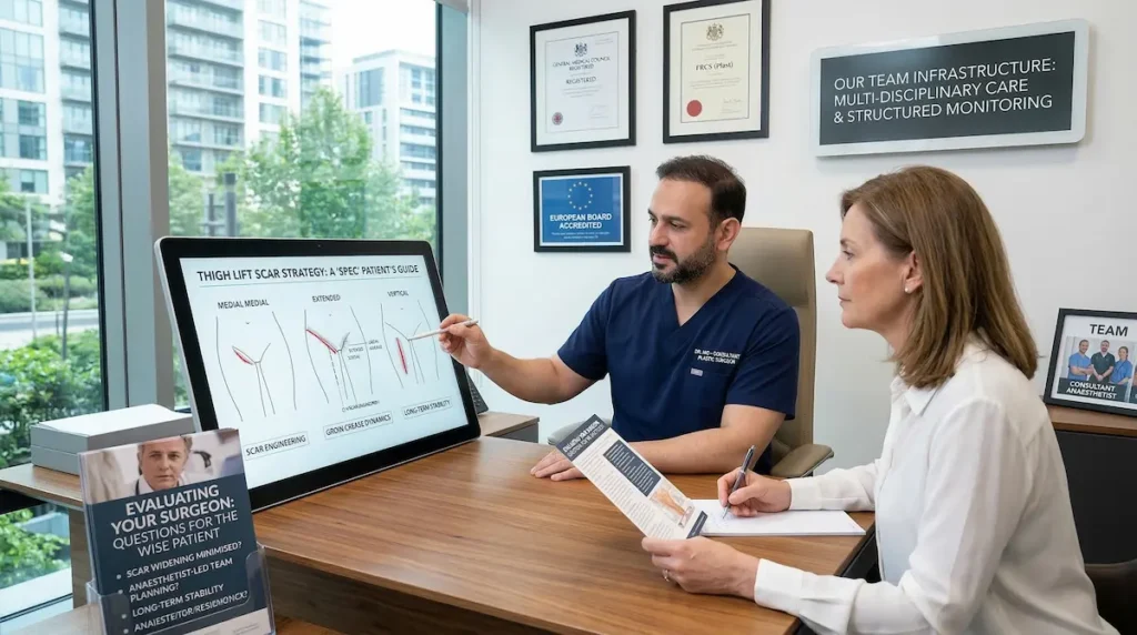Best Thigh Lift surgeon consultation showing thighplasty scar strategy planning and technique selection with a patient at AKM Clinic