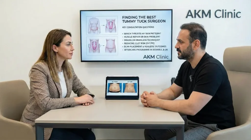 Tummy Tuck (Abdominoplasty) consultation at AKM Clinic discussing surgeon selection, techniques, safety and aftercare.