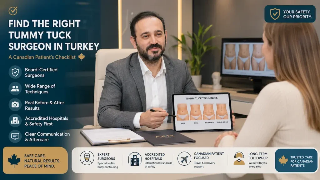 Best tummy tuck surgeon in Turkey consultation image showing a Canadian patient reviewing abdominoplasty techniques, safety standards, before and after results, and long-term aftercare.