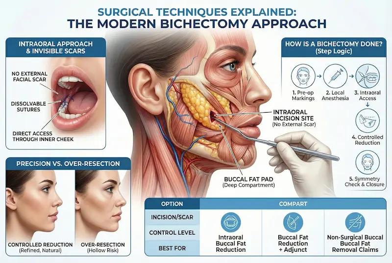 Buccal Fat Removal (bichectomy) infographic showing intraoral incision, controlled reduction, and symmetry check steps