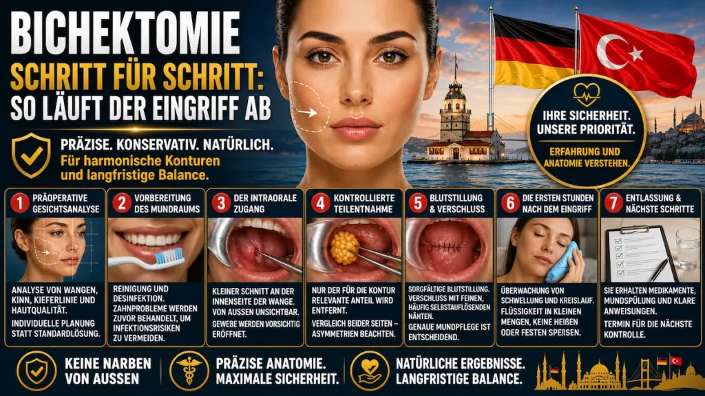 Bichektomie in der Türkei: sieben Schritte von der Gesichtsanalyse bis zur Kontrolle nach dem Eingriff.