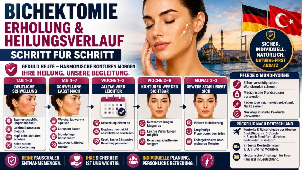 Bichektomie in der Türkei: Heilungsverlauf von Tag 1 bis Monat 3 mit Schwellung, Mundpflege und Rückflug nach Deutschland.