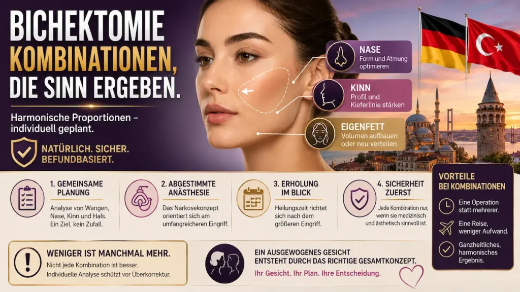 Bichektomie in der Türkei mit möglichen Kombinationen wie Nasenkorrektur, Kinnkorrektur und Eigenfettbehandlung.