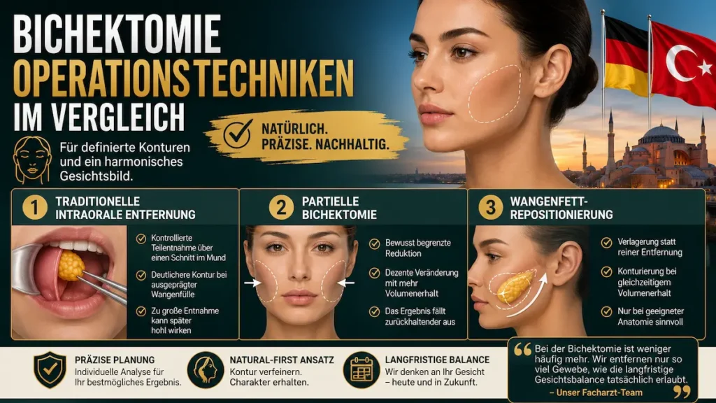 Bichektomie in der Türkei: Vergleich von intraoraler Entfernung, partieller Bichektomie und Wangenfett-Repositionierung.