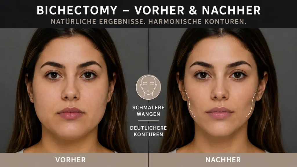 Bichektomie in der Türkei: Vorher-Nachher-Vergleich mit schmaleren Wangen und deutlicheren Gesichtskonturen.