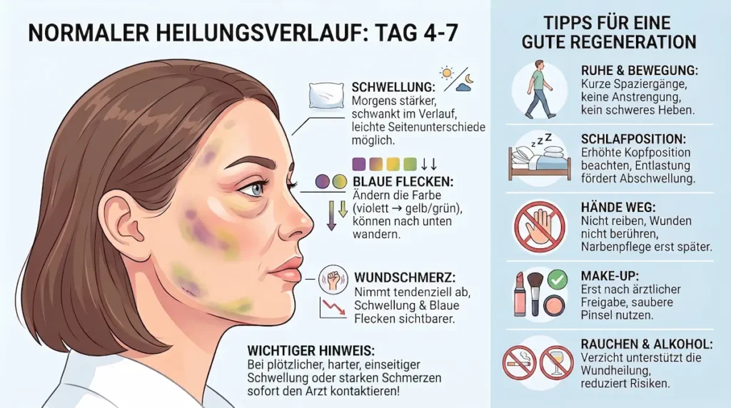 Schmerzen nach Facelift: Grafik zeigt Schwellung, blaue Flecken und wichtige Regenerationstipps für die Heilung an Tag 4 bis 7.
