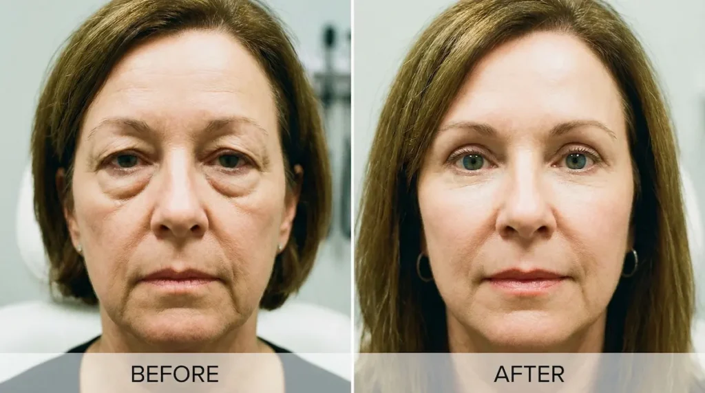 Blepharoplasty Before And After comparison photo showing a smoother under-eye contour and a more rested look after eyelid surgery.