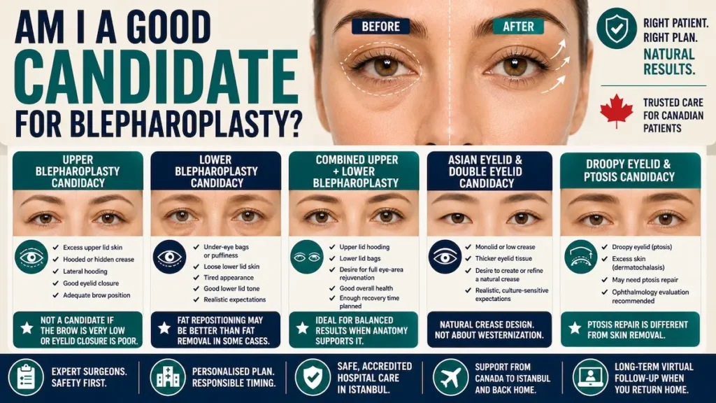 Blepharoplasty candidate guide showing upper, lower, combined, Asian double eyelid, and droopy eyelid surgery candidacy for Canadian patients.