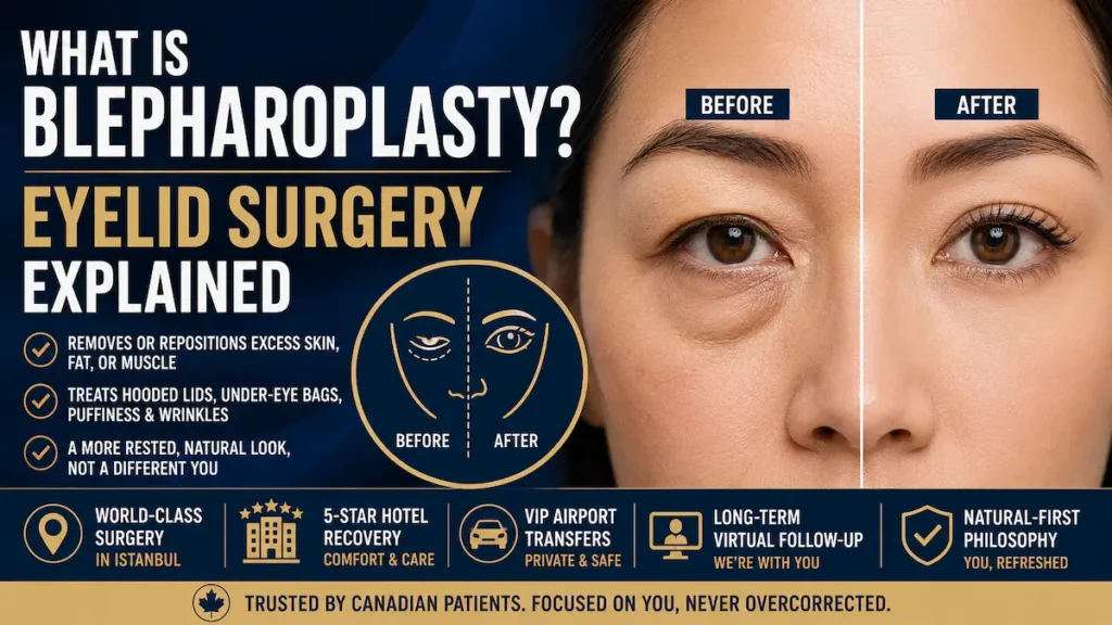 Blepharoplasty infographic explaining upper, lower, and Asian double eyelid surgery for Canadian patients.