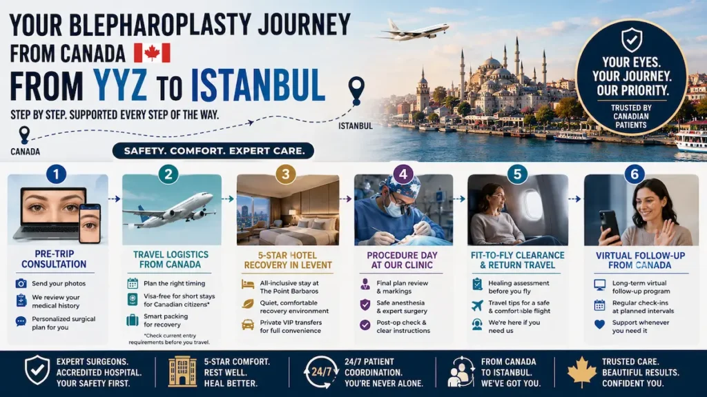 Blepharoplasty journey from Canada to Istanbul showing consultation, travel, hotel recovery, surgery day, fit-to-fly clearance, and virtual follow-up.