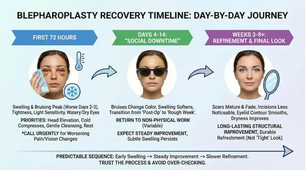 Blepharoplasty recovery timeline infographic: first 72 hours swelling/bruising, days 4–14 social downtime, and weeks 3–8+ refinement.