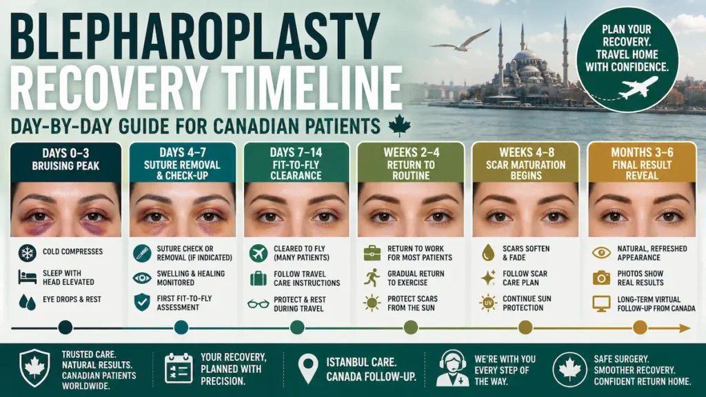 Blepharoplasty recovery timeline infographic showing day-by-day healing, bruising, suture removal, fit-to-fly clearance, scar maturation, and final results for Canadian patients.